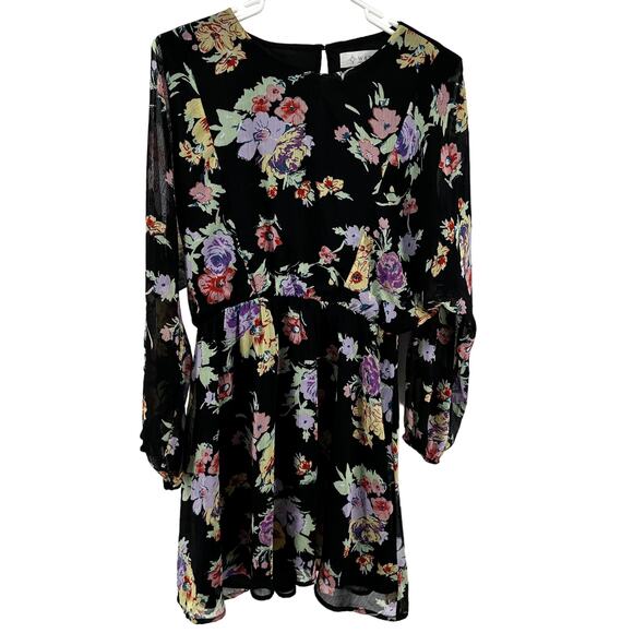 Wayf Dolman Long Sleeve Mini Dress Floral Cocktail Elastic Waist Black S NWOT - Picture 2 of 6